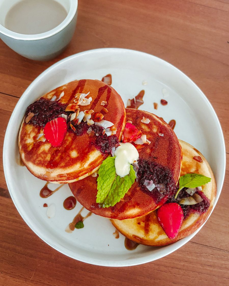 Stay at Arya Wellness Retreat: Ubud’s Top Female-Only Escape. Ubud. Bali. Breakfast pancakes.