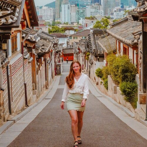rowan_flora walking in Bukchon Hanok Village in Seoul South Korea. What to do in Seoul. City Guide and Itinerary.